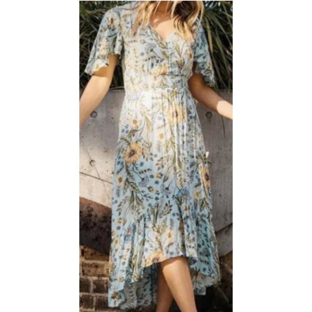 NWOT Abel the Label Osaka Peacock Blue Floral High Low Dress XS